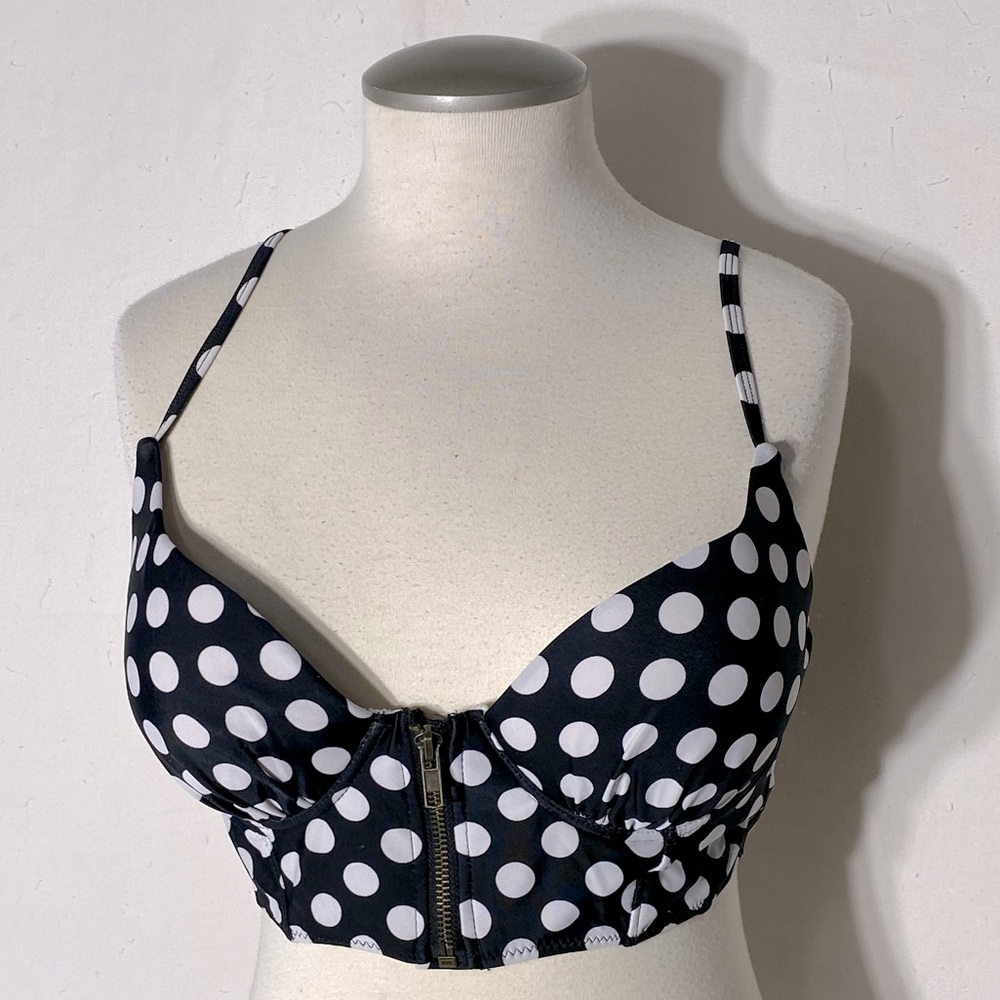5/$25 Swimbay Black & White Polka Dot Zip Front Swim Top Bikini Top M